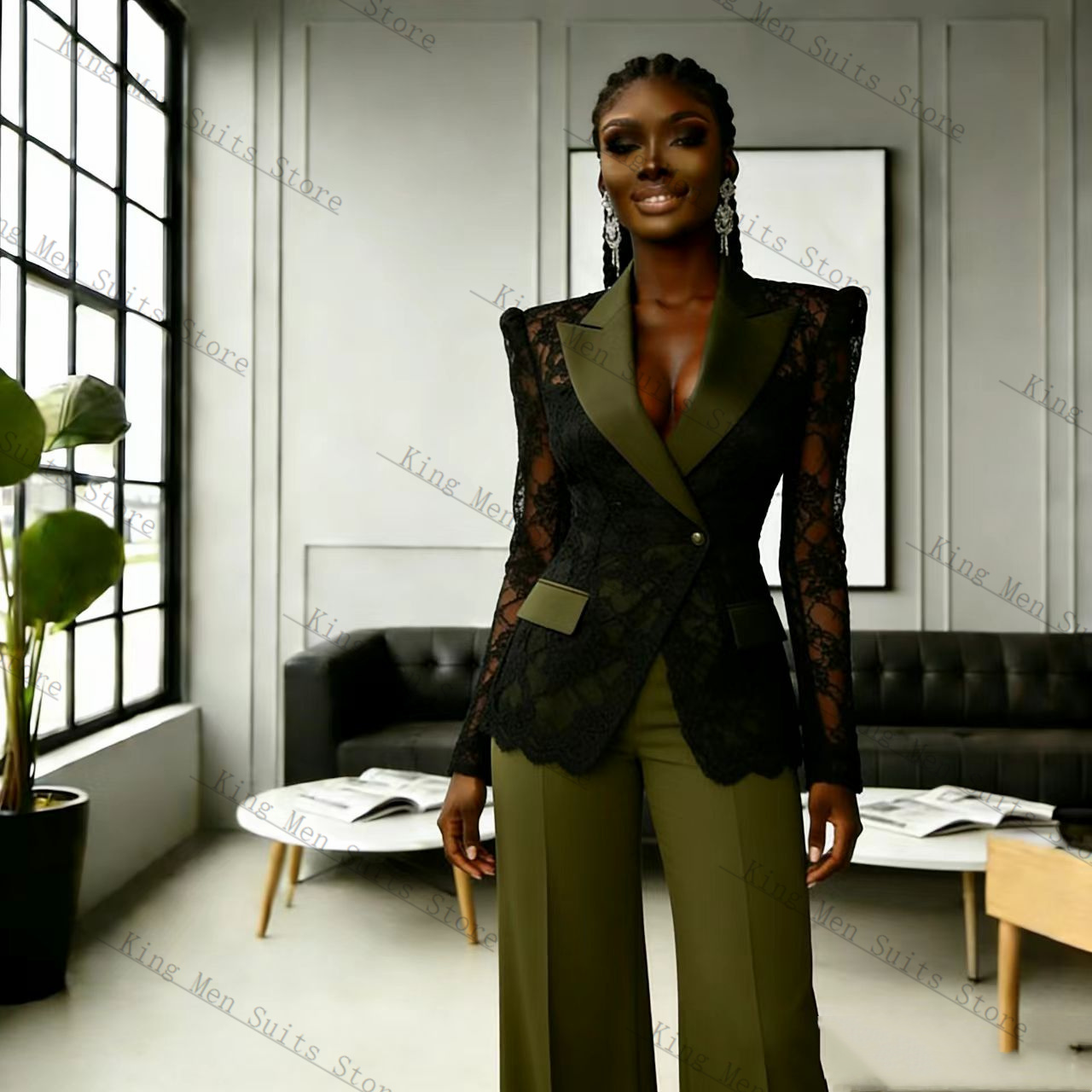 Women'S Green Formal Wear - Traje de Encaje Verde y Negro