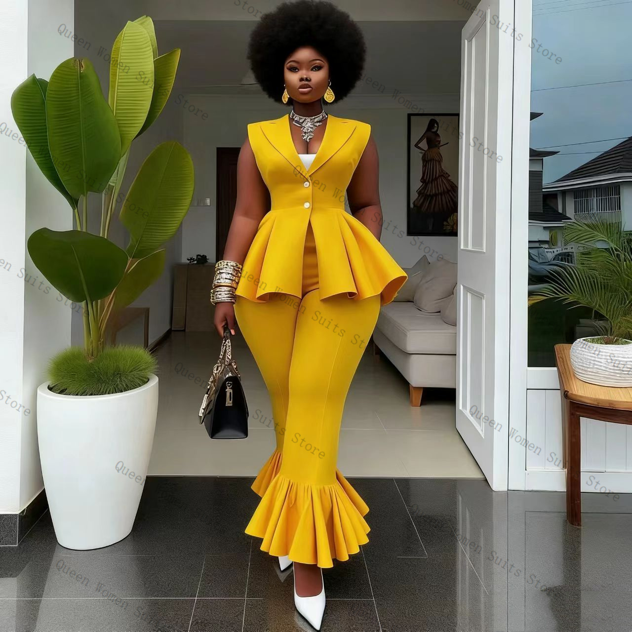Women Formal Wear Vest - Conjunto de Pantalones de Traje Amarillo